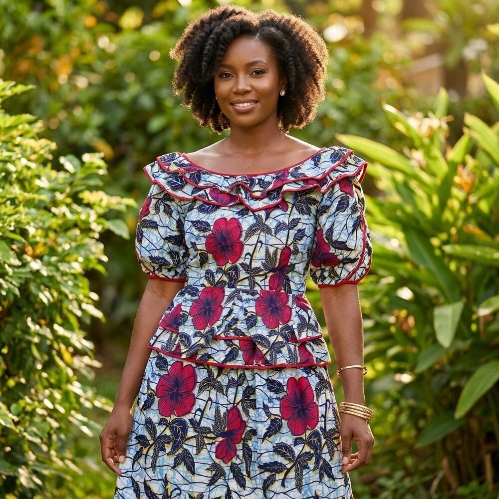 African Print 2-Piece – Floral Peplum Top & Skirt, Red & Navy Ankara Set